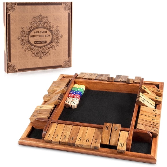 Amerous 1-4 Players 12 inches Shut The Box Dice Game, Wooden Board Table Math Game with 12 Dice for Kids Adults, Family Classroom Home or Pub