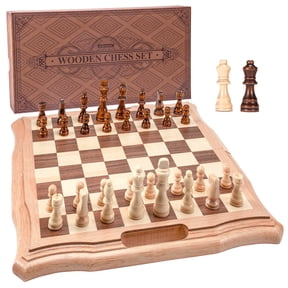 AMEROUS 15.6 inches Wooden Magnetic Chess Set for Kids and Adults, Chess Board Game Sets with Game Pieces Storage Slots - 2 Extra Queens