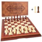 Amerous 15'' Wooden Magnetic Chess Set for Kids and Adults-Travel Folding Board -2 Extra Queens -Chessmen Storage Slots -Gift Package