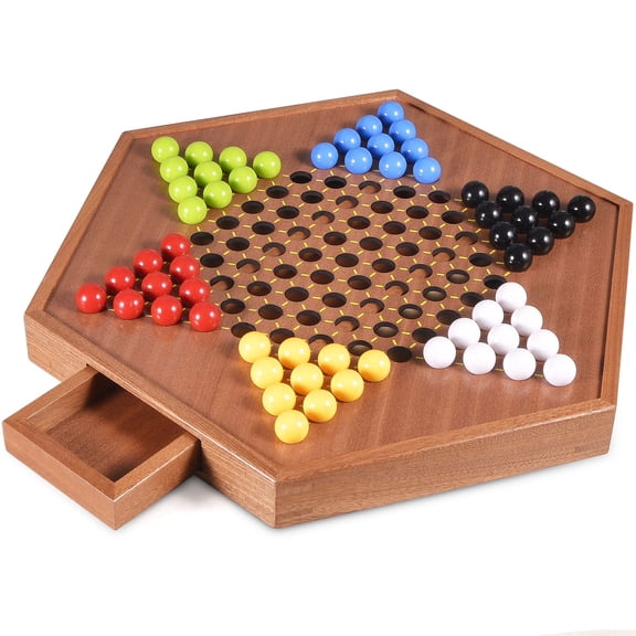 Amerous 20.5 inches Wooden Chinese Checkers Board Game Set with Storage Drawer for Adults - 60 Acrylic Marbles in 6 Colors - 12 Bonus Spare Marbles