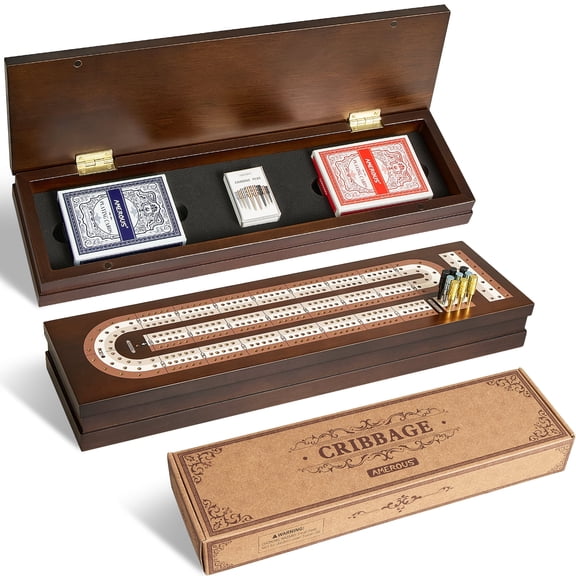 AMEROUS Wooden Cribbage Board Game Set with Magnetic Lock - Metal Pegs - 2 Playing Cards - Continuous 3 Track Board - Larger Storage Area, Travel Portable Cribbage Game Sets for Family