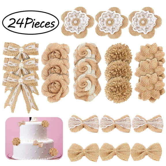 AMERTEER 24PCS Handmade Burlap Flowers Set, 8 Styles Natural Rustic Burlap Flowers Craft Burlap Lace Pearl Bowknot Great for Wedding Home Decoration Christmas Party DIY Craft Bouquets