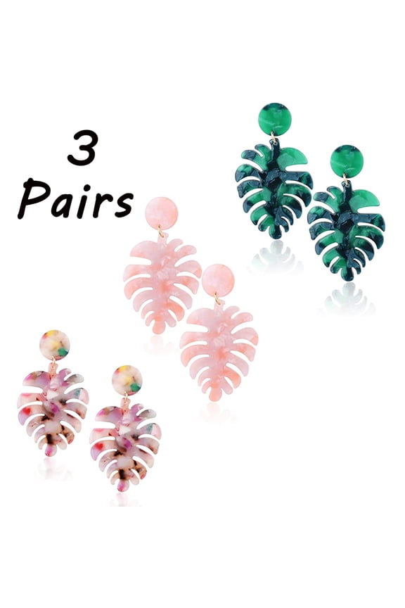 3 Pairs Bohemian Leaf Acrylic Earrings Bohemian Resin Earrings Drop Dangle Statement Earrings Palm Leaf Shape Women Jewelry, 3 Colors