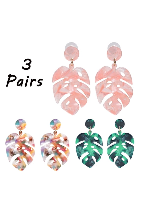 3 Pairs Bohemian Palm Leaf Acrylic Earrings for Women Drop Dangle Statement Earrings Bohemian Resin Jewelry