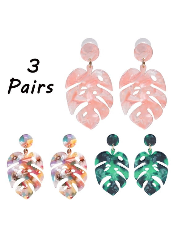 3 Pairs Bohemian Palm Leaf Acrylic Earrings for Women Drop Dangle Statement Earrings Bohemian Resin Jewelry