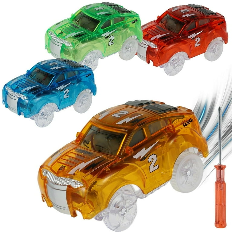 AMERTEER 4PCS Race Tracks Car Toys Glow in The Dark RC Racing Car for Kids Boys Track Cars Replacement Only Magic Trax Cars with 5 Flashing Lights Flex Track Cars for Most