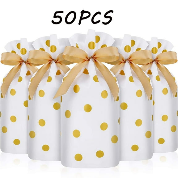 AMERTEER 50pcs Treat Bags Party Favor Bags Gold Plastic Drawstring Gift Bags Candy Goodies Bags Food Storage Bags Gift Wrapping Package(Gold Polka Dot Print)