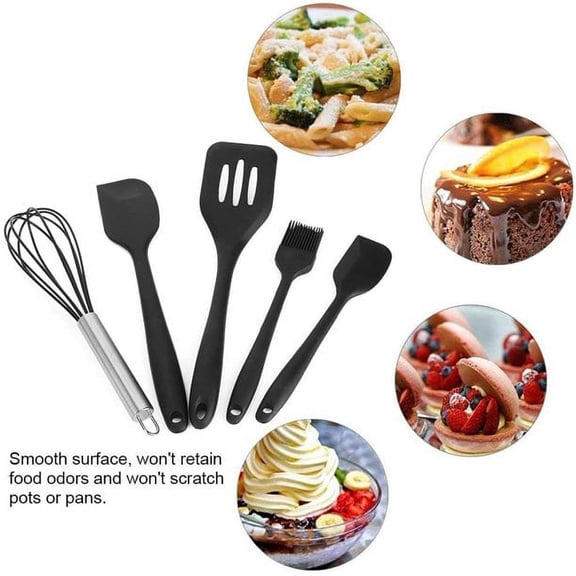AMERTEER 5PCS Set Silicone Kitchen Utensil Set Kitchenware Silicone Kitchen Utensils Set Spatulas Brush Cooking Tools, Easy to Use & Clean (Black)