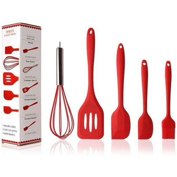 AMERTEER 5PCS Set Silicone Kitchen Utensil Set Kitchenware Silicone Kitchen Utensils Set Spatulas Brush Cooking Tools, Easy to Use & Clean (Red)