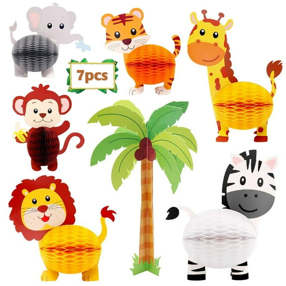 AMERTEER 7 Pieces 3D Jungle Safari Animals Honeycomb Centerpieces Table Decorations for Jungle Safari Birthday Baby Shower Party Decorations Supplies