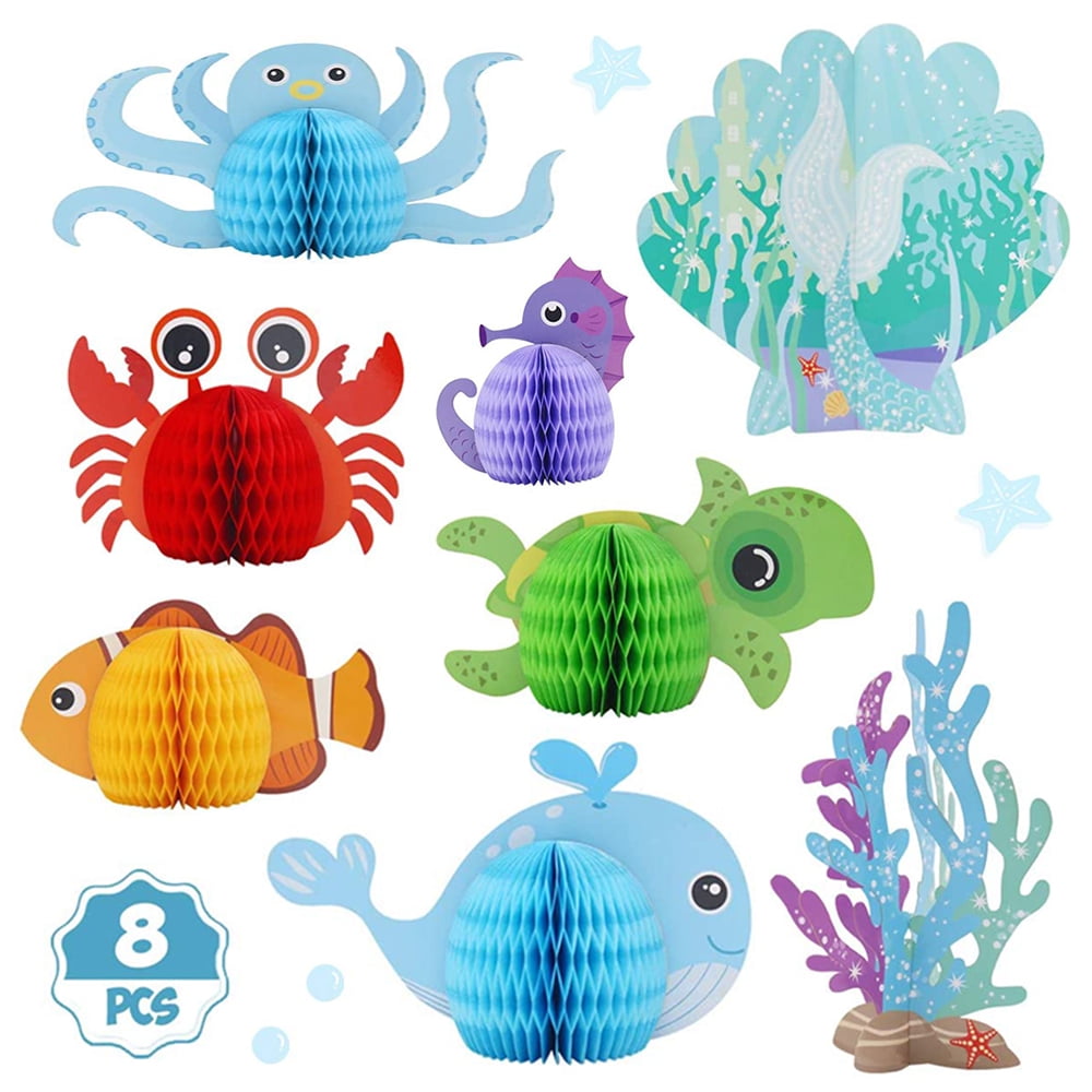 AMERTEER 8 Pieces Ocean Sea Animal Honeycomb Centerpiece Sea Creature Honeycomb Decoration Ocean Themed Table Honeycomb Fish Mermaid Honeycomb for Birthday Baby Shower Party Supply