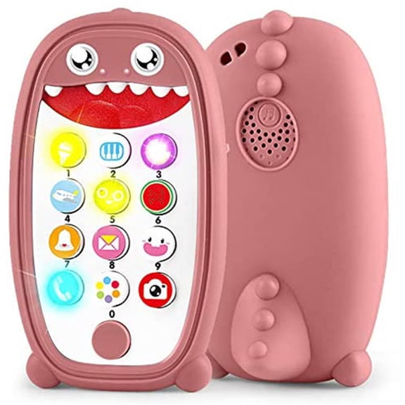 AMERTEER Baby Dinosaur Cell Phone Toy with Removable Teether Case, Light up, Music & Adjustable Volume Kids Play & Learn Fake Phone for Infant & Toddler, Preschool Birthday Gift for Girl Boy (Red)