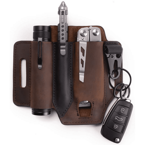 AMERTEER Multitool Sheath for Belt, Leather EDC Pocket Organizer for Men, Leatherman Sheath with Pen Holder, Key Fob, Flashlight Sheath, EDC Leather Pouch Dark Brown