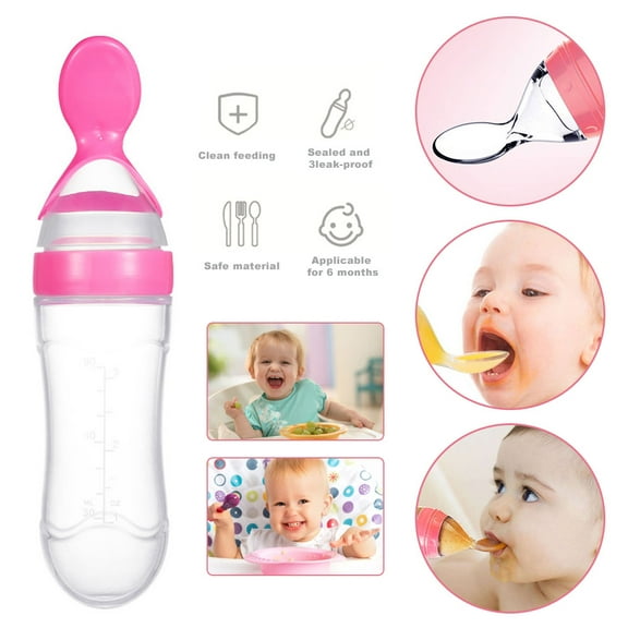 AMERTEER Natural Touch Silicone Baby Food Feeder,Squeeze Cereal Bottle with Dispensing Spoon for Newborn Toddler Food Supplement