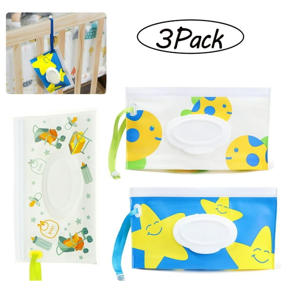 AMERTEER Portable Wet Wipe Pouch [3-Pack]  Reusable & Refillable Baby Wipe Dispenser, Eco Friendly Travel Diaper Wipe Carrying Case Holder for Travel-Pouch Carries