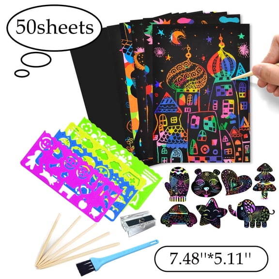 AMERTEER Scratch Art Set for Kids,50 PCS Rainbow Magic Scratch Paper for Kids Black Scratch Art Crafts with 4 Drawing Stencils for Birthday Party Game 7.48''*5.11''