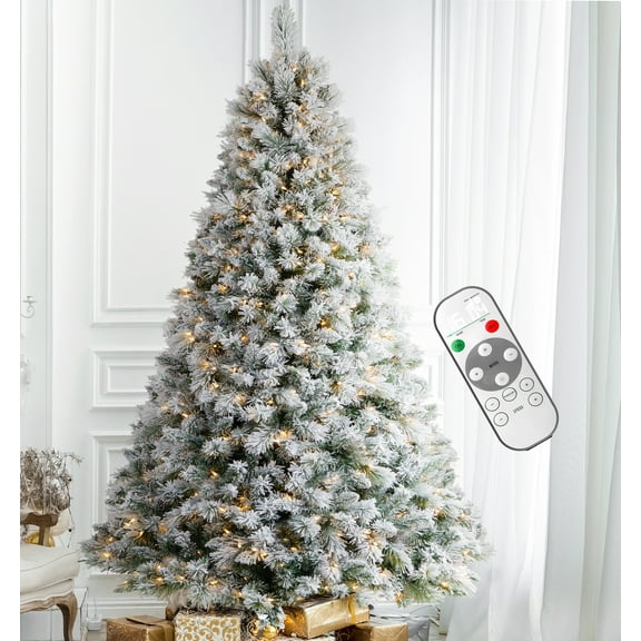 6.5FT Prelit Snow Flocked Artificial Holiday Christmas Tree with Remote, 350 Warm White Multi-Color Lights, Full Hinged Spruce Branch Tips for Home, Office, Party Decoration Dual Color LED