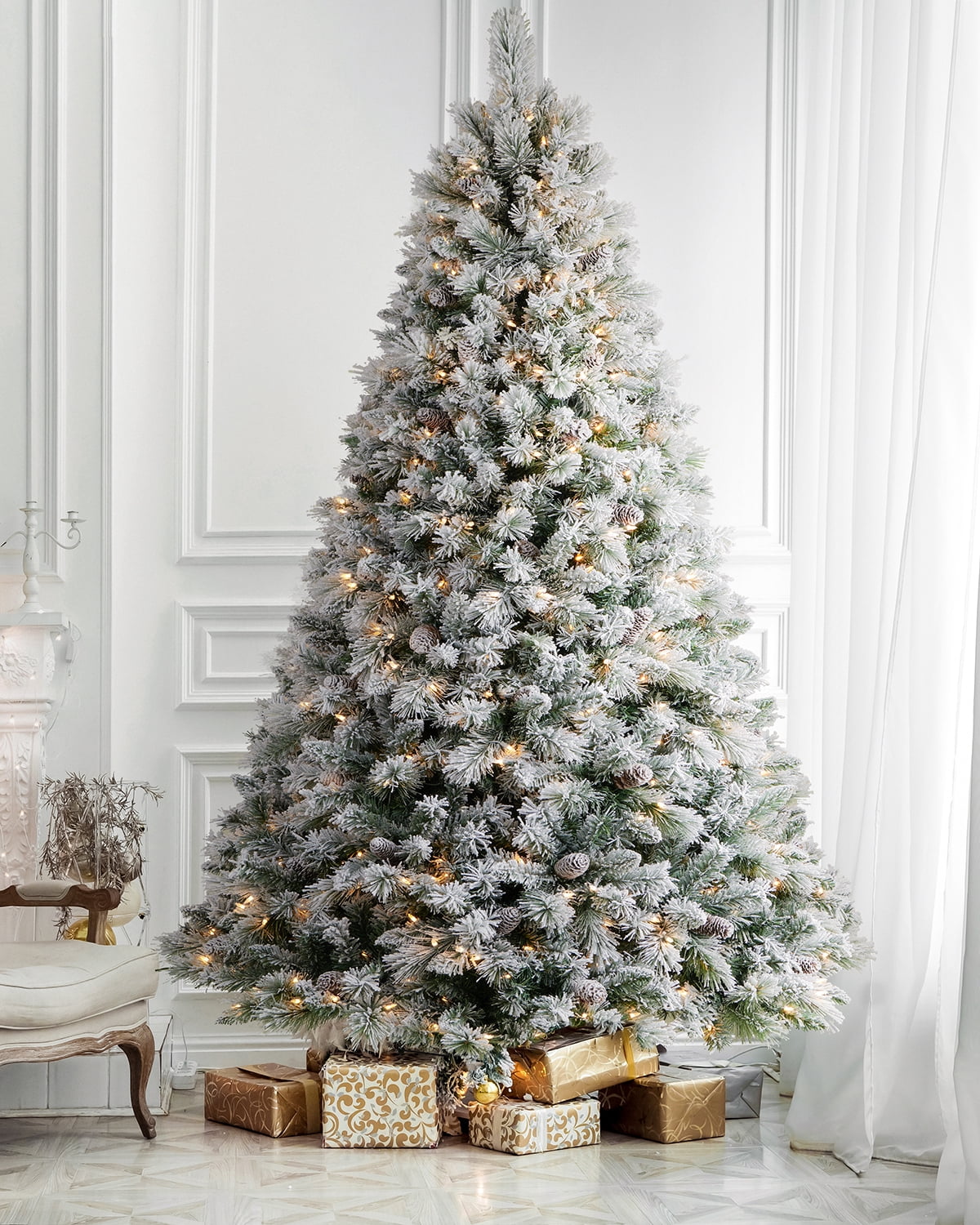 AMERZEST Pre Lit Christmas Tree 10ft Snow Flocked Artificial Spruce 1200 Clear Lights Feel Real Hinged Xmas Trees