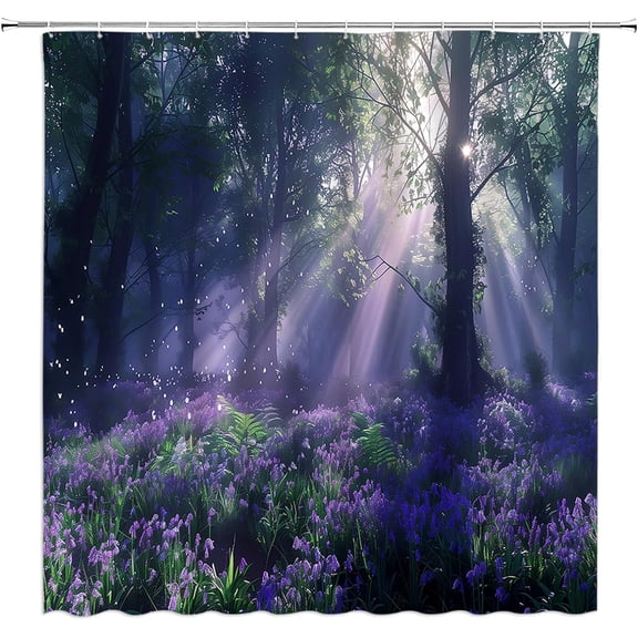AMFD Nature Garden Shower Curtain Spring Purple Flower Misty Forest Fantasy Nature Landscape Bathroom Curtains Decor Fabric Set Include Hooks,(47" Wx70 H)