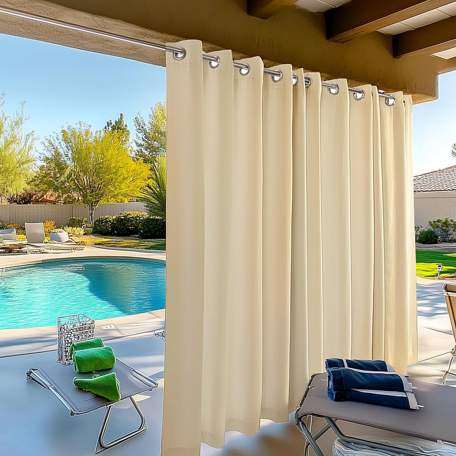 AMGO Beige Outdoor Patio Curtain - Waterproof, 54 W x 108 L inch, 1 Panel - Weatherproof Privacy for Porch, Deck & Backyard