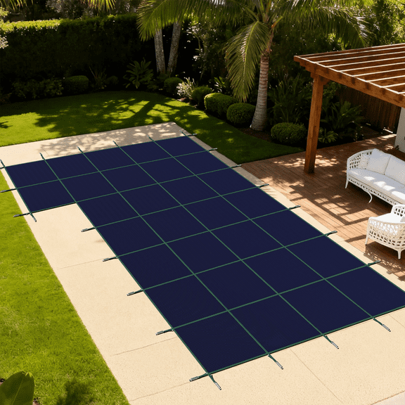 AMGO Inground Pool Safety Cover, Durable PP Material Heavy Duty Winter Pool Cover for 16x40ft Inground Pool Under Strong Wind with 5x10ft Left Step, Blue