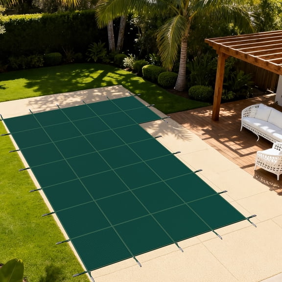AMGO Inground Pool Safety Cover, Durable PP Material Heavy Duty Winter Pool Cover for 20x40ft Inground Pool Under Strong Wind with 5x10ft Right Step, Green