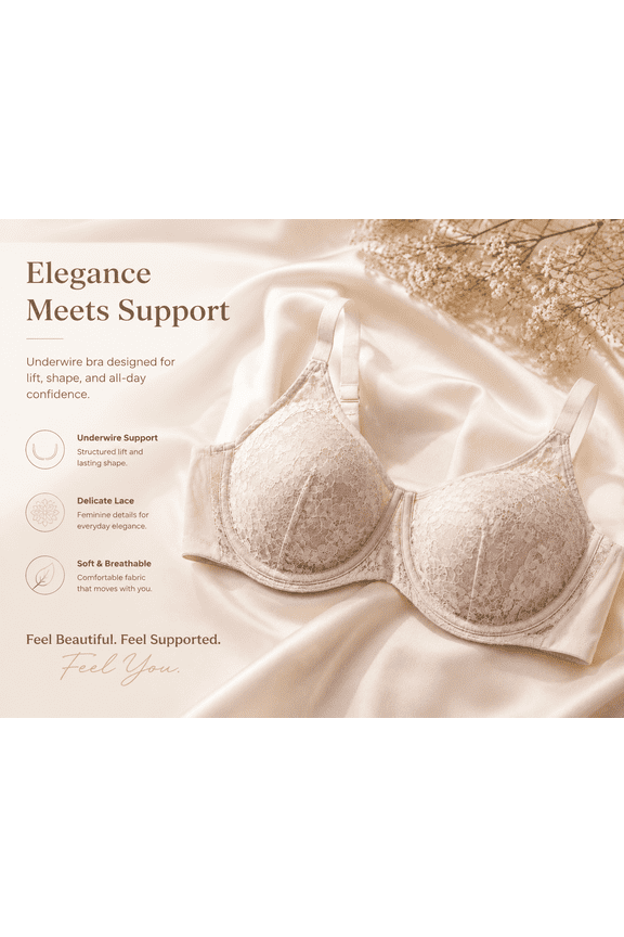 Bra with Exquisite Lace Trim, Support & Push-Up Design, Nude Pink, 1 Pack