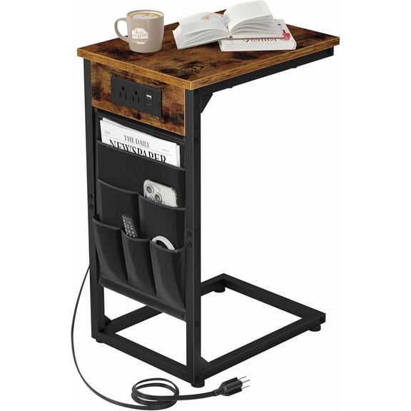 Hanyu C Shaped End Table with Charging Station, TV Tray Couch Tables with Storage Bag, Slide Under Sofa Side Side Table with USB Ports and Outlets for Living Room, Rustic Brown, HET04CBR-1