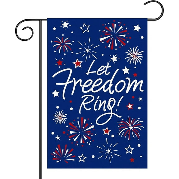 AMHNF 4th of July Linen Garden Flag Double Sided,Independence Day Patriotic American Fireworks and Stars Let Freedom Ring Small Burlap Garden Flag for Outside Decoration 12x18 inch
