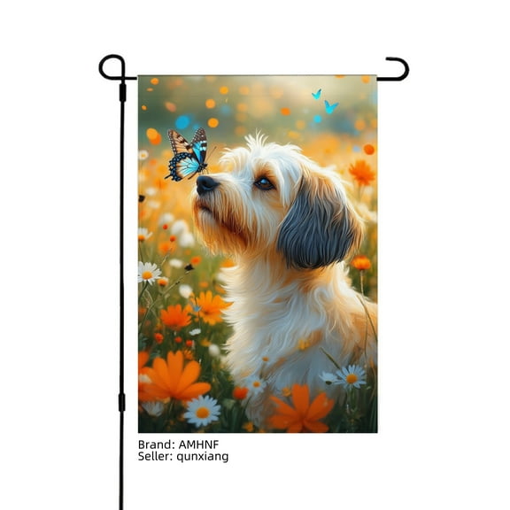 AMHNF Adorable Dog with Flowers Linen Garden Flag for Spring Summer Home Outdoor Garden Yard Door Decor 12x18 inch