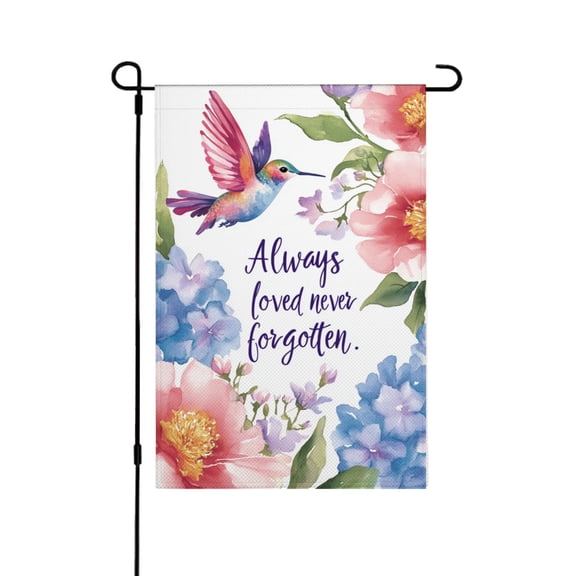 AMHNF Always Loved Never Forgotten Floral Hummingbird Linen Garden Flag 12x18 inch, Memorial Day Independence Day Yard Flag for Spring Summer Home Outdoor Garden Decoration