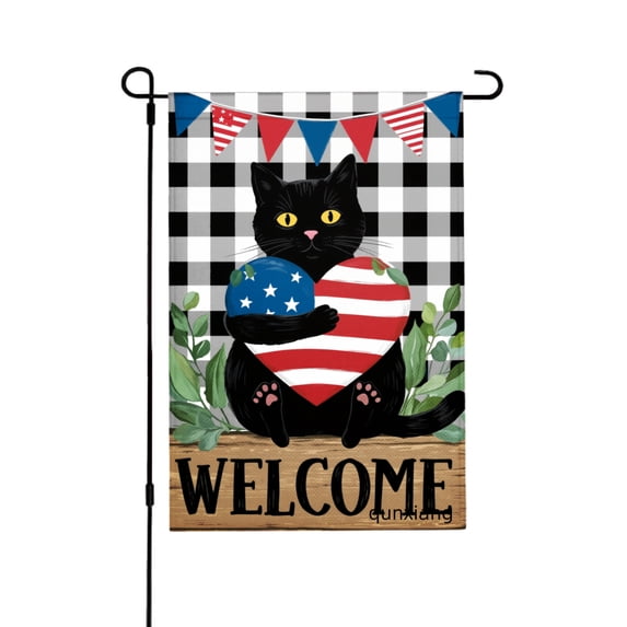 AMHNF Black Cat With American Flag Heart Welcome Garden Flag For Home Outdoor Garden Yard Decor 12x18 inch