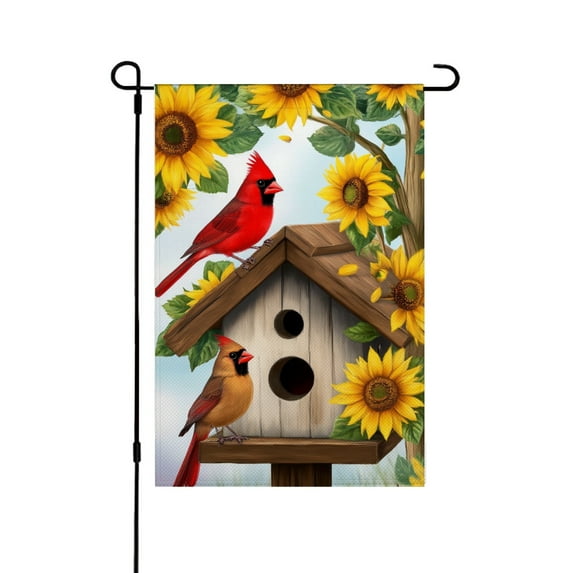 AMHNF Cardinal Birds Sunflowers on Birdhouse Linen Garden Flag for Spring Summer Home Outdoor Garden Yard Door Decor 12x18 inch