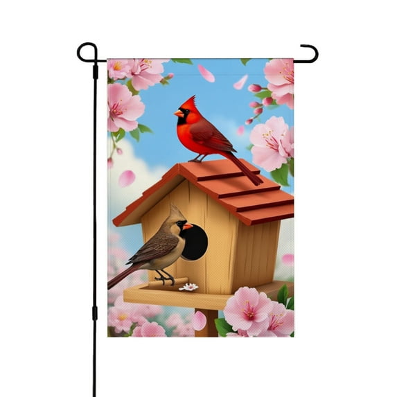 AMHNF Cardinal and Sparrow on Birdhouse Linen Garden Flag for Spring Summer Home Outdoor Garden Yard Door Decor 12x18 inch