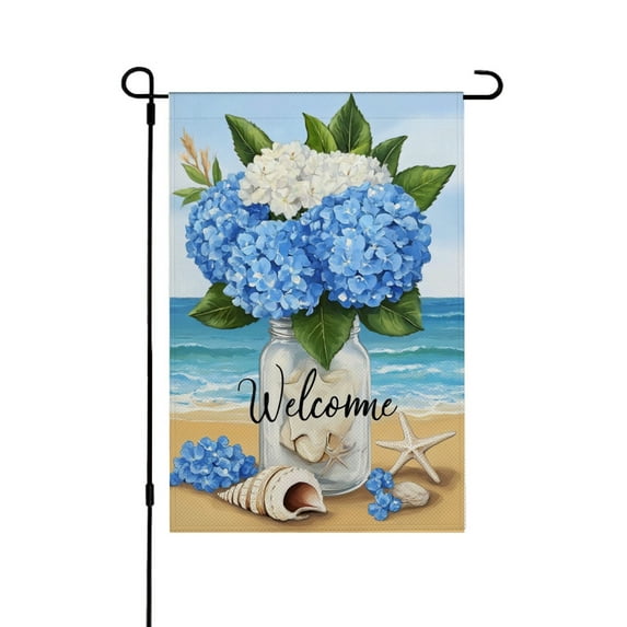 AMHNF Coastal Hydrangea Welcome Linen Garden Flag for Spring Summer Home Outdoor Garden Yard Door Decor 12x18 inch
