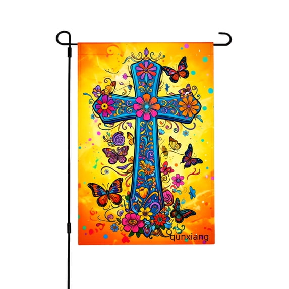 AMHNF Colorful Cross With Flowers And Butterflies Garden Flag For Home Outdoor Garden Yard Decor 12x18 inch