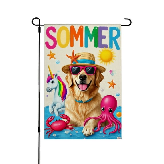 AMHNF Colorful Sommer Dog Unicorn Crab Octopus Linen Garden Flag for Spring Summer Home Outdoor Garden Yard Door Decor 12x18 inch