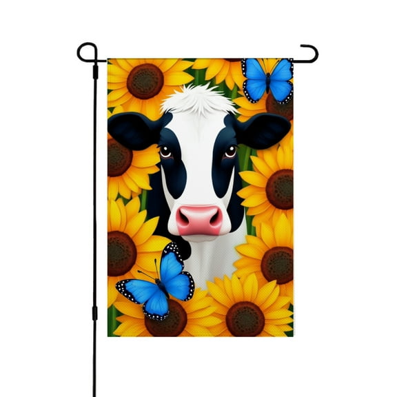 AMHNF Cow with Sunflowers and Butterflies Garden Flag for Spring Summer Home Outdoor Garden Yard Door Decor 12x18 inch