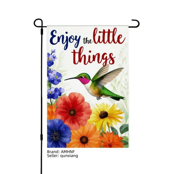 AMHNF Enjoy the Little Things Hummingbird and Flowers Linen Garden Flag for Spring Summer Home Outdoor Garden Yard Door Decor 12x18 inch
