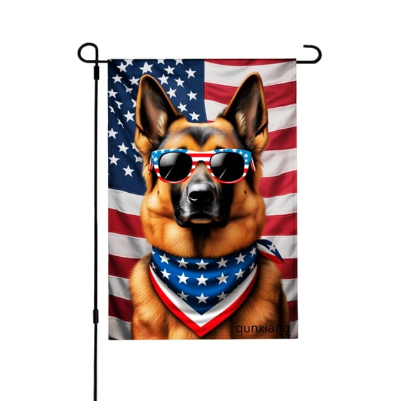 AMHNF German Shepherd Dog With American Flag Sunglasses And Bandana Garden Flag For Home Outdoor Garden Yard Decor 12x18 inch