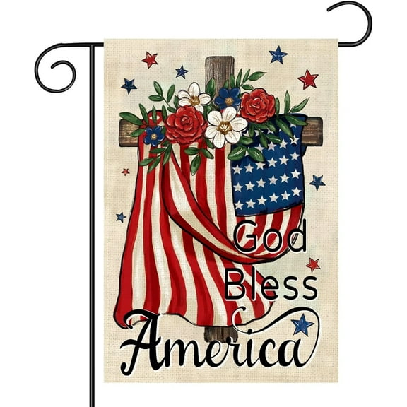 AMHNF God Bless America 4th of July Patriotic Garden Flag Double Sided, American Memorial Day Religious Cross Decorative Vertical Burlap Garden Flag for USA Independence Day 12x18 inch