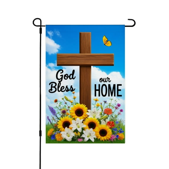 AMHNF God Bless Our Home Cross Garden Flag with Sunflowers and Butterflies for Spring Summer Home Outdoor Garden Yard Door Decor 12x18 inch