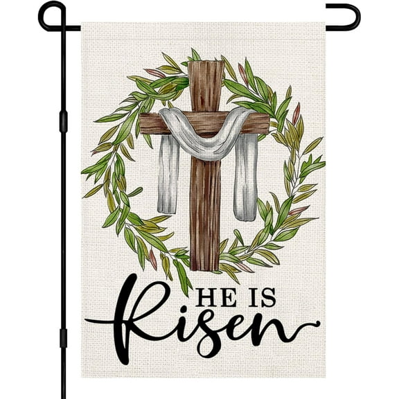 AMHNF He Is Risen Easter Linen Garden Flag 12x18 inch Double Sided, Cross Wreath Sign Small Yard Flag for Holiday Home Outside Decoration