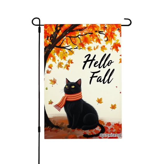 AMHNF Hello Fall Black Cat Scarf Linen Fall Winter Garden Flags for Outside 12x18 inch