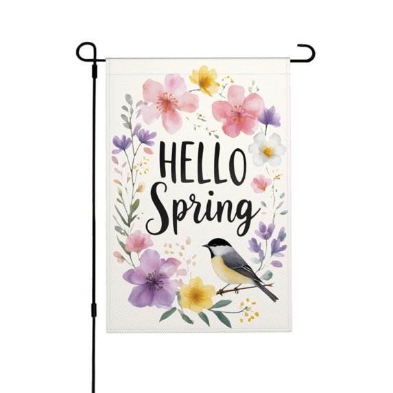AMHNF Hello Spring Floral Bird Linen Garden Flag for Spring Summer Home Outdoor Garden Yard Door Decor 12x18 inch