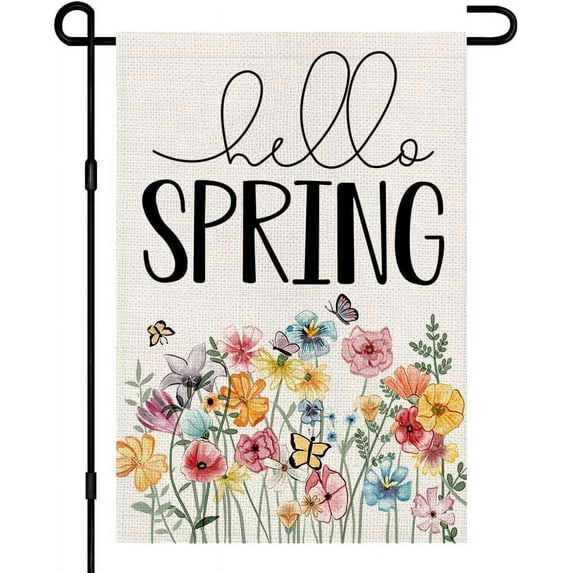 AMHNF Hello Spring Floral Garden Flag 12x18 inch Double Sided Burlap Outside, Flower Seasonal Sign Small Farmhouse Yard Outdoor Decoration
