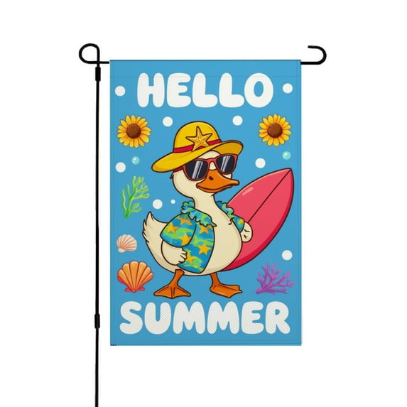 AMHNF Hello Summer Duck with Surfboard Linen Garden Flag for Spring Summer Home Outdoor Garden Yard Door Decor 12x18 inch