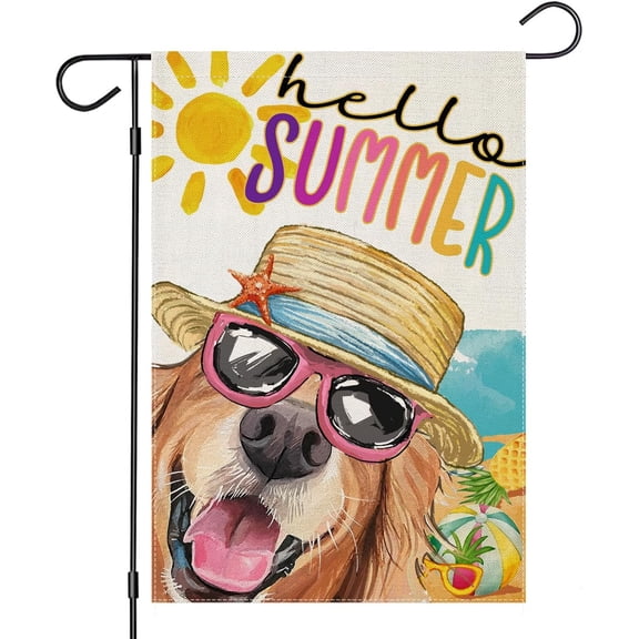 AMHNF Hello Summer Garden Flag for Outside, Dog with Sunglass Beach Sun Hat Yard Decoration, Small Seasonal Outdoor Decor for Spring Farmhouse Holiday,12x18 inch