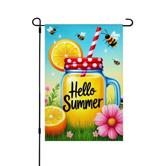 AMHNF Hello Summer Linen Garden Flag with Lemonade Jar and Bees for Spring Summer Home Outdoor Garden Yard Door Decor 12x18 inch