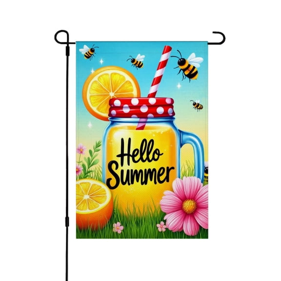 AMHNF Hello Summer Linen Garden Flag with Lemonade Jar and Bees for Spring Summer Home Outdoor Garden Yard Door Decor 12x18 inch
